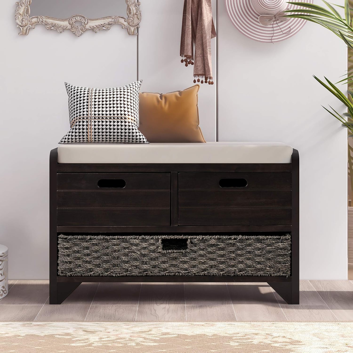 Wood Storage Bench with 1 Basket and 2 Drawers,Fully Assembled Shoe Stool,W/Removable Cushion,for Hallway,Entryway,Bedroom,Living Room,Espresso