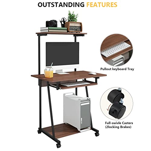Small Computer Desk with Storage Shelves, Portable Rolling Computer Desk Study Table, Compact PC Laptop Workstation for Home Office