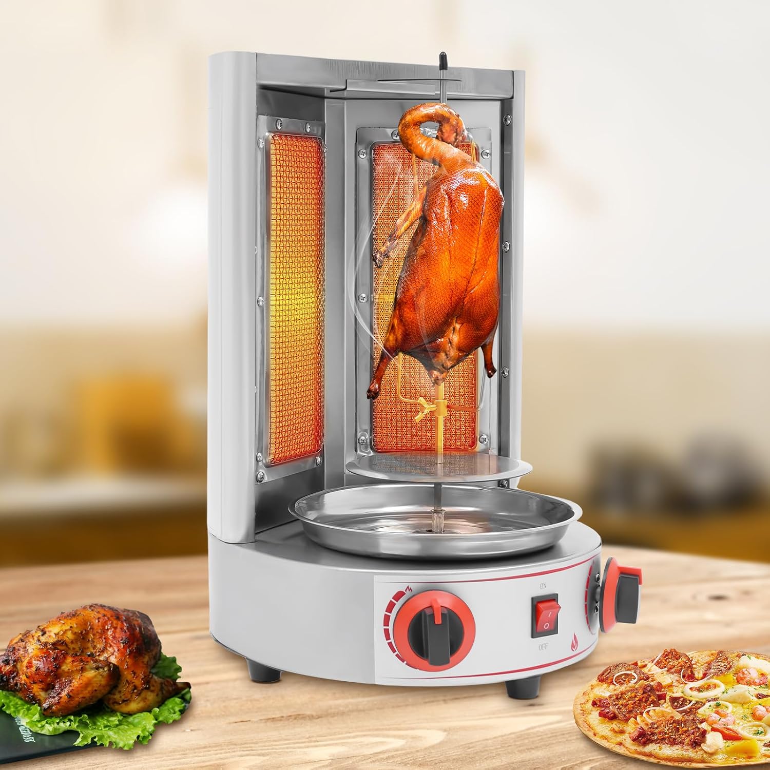 Shawarma Grill Machine 3000W Gas Vertical Broiler Gyro Rotisserie Oven Doner Kebab Machine 110V Stainless Countertop Rotisserie Grill with 2 Burners for Restaurant Home Garden
