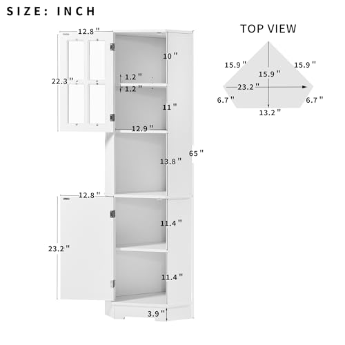 Tall Corner Cabinet,Free Standing Corner Storage Cabinet with Adjustable Shelves and Doors,Open Storage for Bathroom Kitchen Living Room White