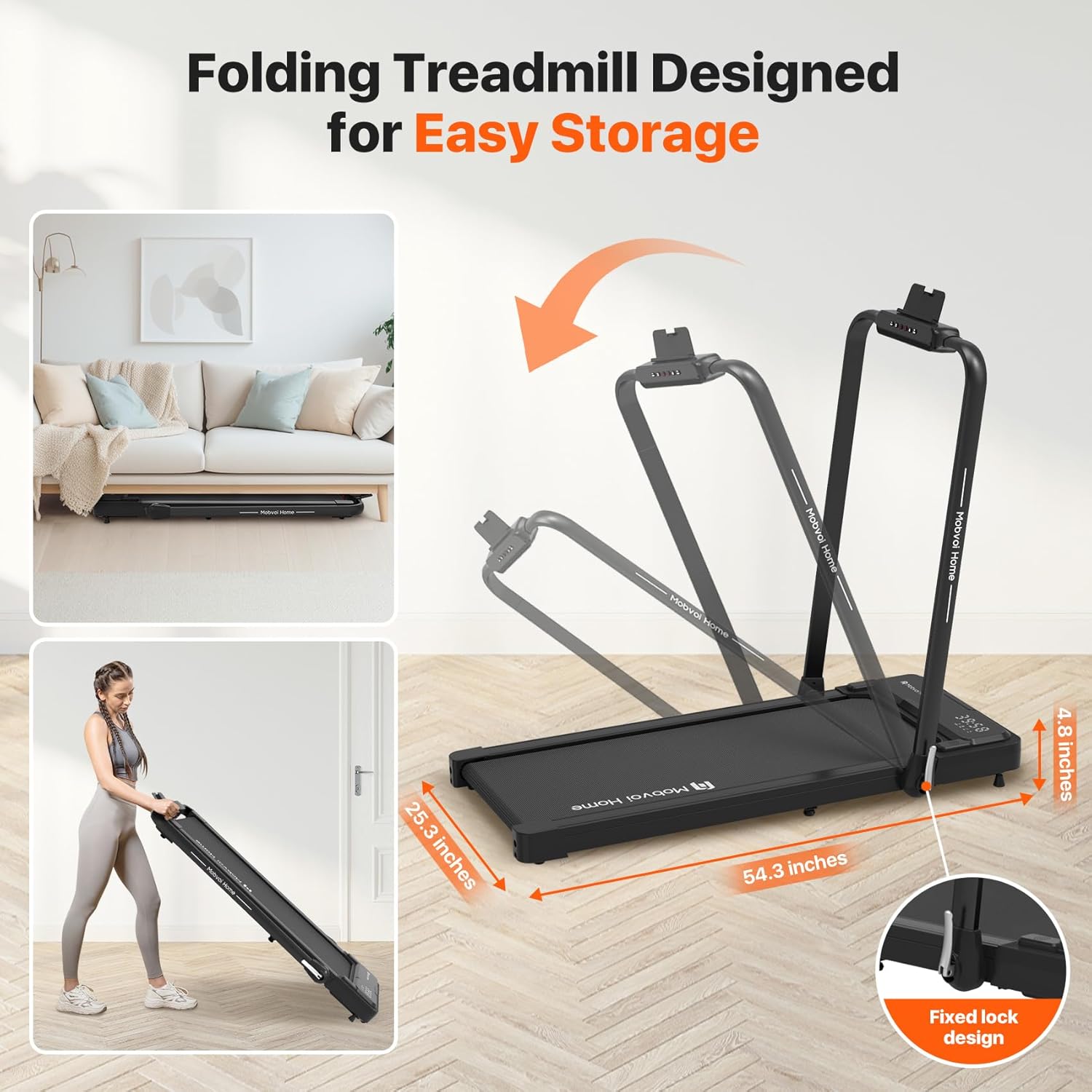 Mobvoi Home Treadmill Plus 3 in 1 Folding Treadmill Walking Pad 2.5HP Compact Under Desk Running Walking Machine for Home Office Remote Control LED Display Speaker Large Running Area 265LBS 7.6 MPH
