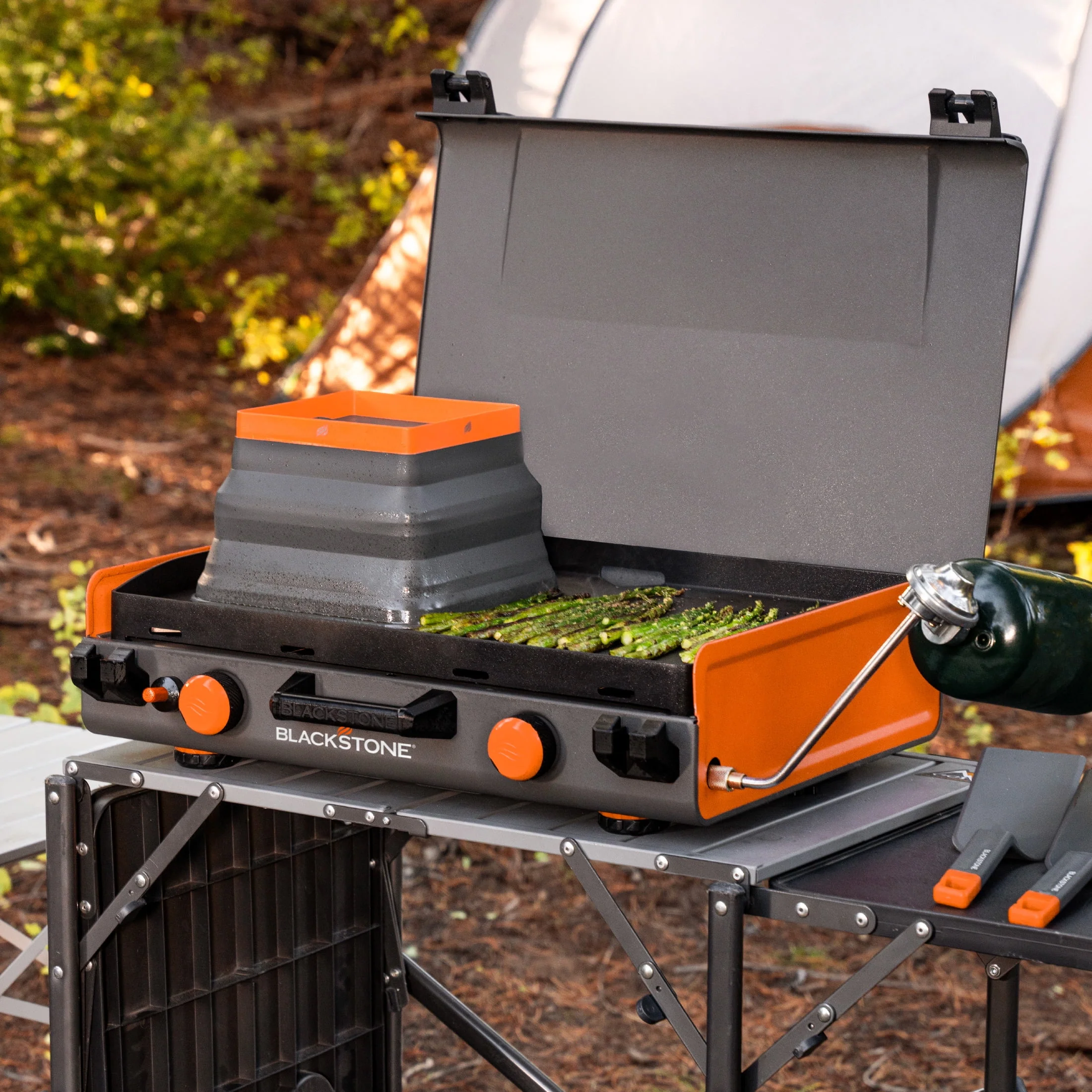 Blackstone Adventure Ready 20”x14” 2-Burner Propane Camping Griddle (Model 2246) with Latching Hood and Handle