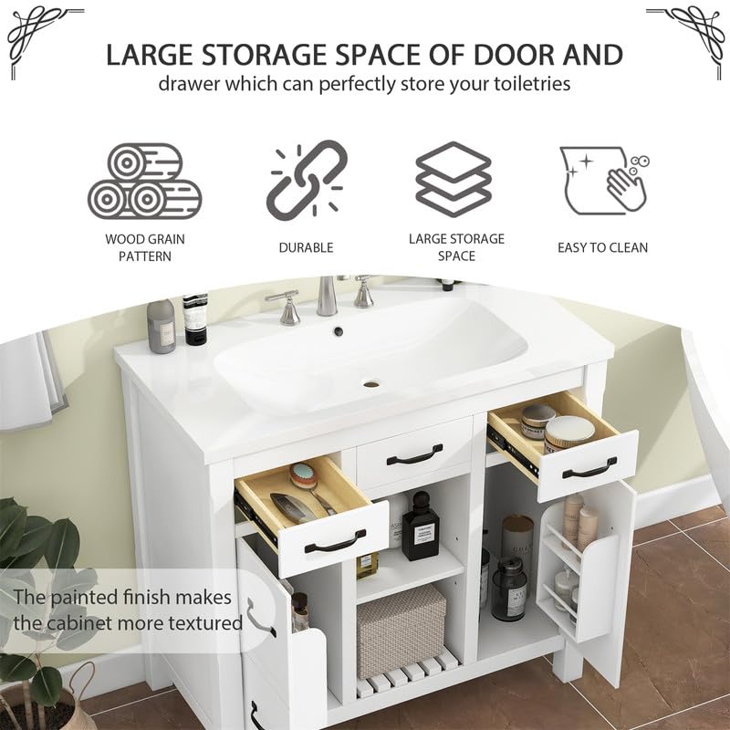 Bathroom Vanity with Sink, 36 inch Bathroom Vanity with Sink, Bathroom Sink Vanity with 3 Drawers and 2 Open Shelf, Built-in Soft Closing Door, Freestanding Bathroom Vanity Cabinet for Bathroom, White