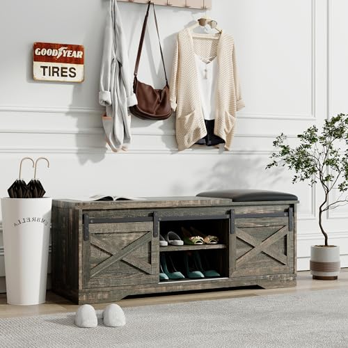 47" Shoe Bench Entryway with Storage,Farmhouse Shoe Bench with Sliding X Barn Door, Entryway Bench with Storage Space and Padded Cushion,2-Tier Shoe Bench for Entryway,Living Room(Antique Gray)