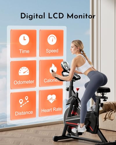 Exercise Bike, Low Noise Stationary Bikes for Home, Adjustable Brake Pad Indoor Cycling Bike, 300lbs Capacity Compact Workout Bike with Tablet Mount & Comfortable Padded Seat