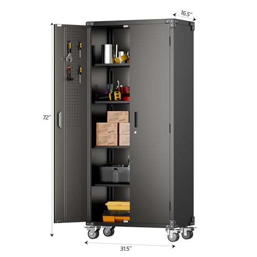 Aobabo Garage Storage Cabinet with Wheels,72" H Metal Storage Cabinet with 2 Doors and 4 Adjustable Shelves for Garage Home, Black,Required-Assembly