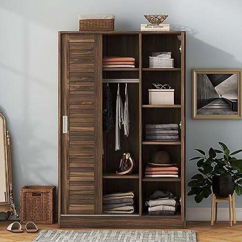 3 Door Wardrobe Armoire Closet with Sliding Doors and Storage Shelevs Freestanding Wardrobe Cabinet with Hanging Rod Clothes, Cabinet Organizer for Bedroom, 20.5"D x 42.5"W x 66.9"H (Wulnut)