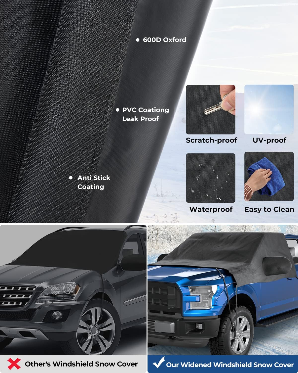 ISSYAUTO Windshield Snow Cover Fit for Truck Pickup Larger Windshield Cover for Ice and Snow, Waterproof Thicken Winter Windshield Cover Compatible with f150, Silverado, Tacoma, Tundra, Ram Pack of 2