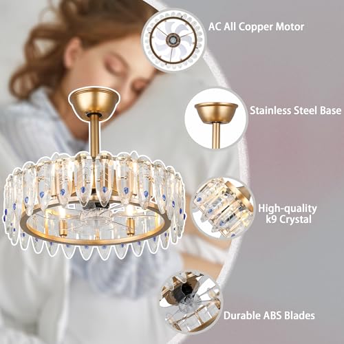 CXGLEAMING 42″ Modern Crystal Chandelier Fan with Lights Dimmable Crystal Ceiling Fans 3 Rings LED Fandelier, 6-Speed Flush Mount Ceiling Fan for Living Room Bedroom