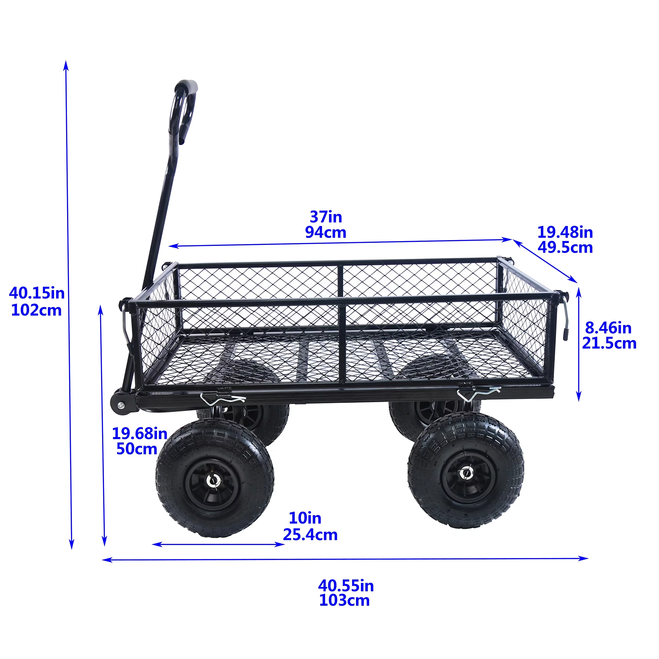 Steel Garden Cart Flatbed with Removable Sides, 550LBS Heavy Duty Yard Cart with 180° Rotating Handle and 10 Inch Tires, 3.5 Cu.ft Capacity, Foldable Metal Wagon for Garden, Farm, Yard, Black