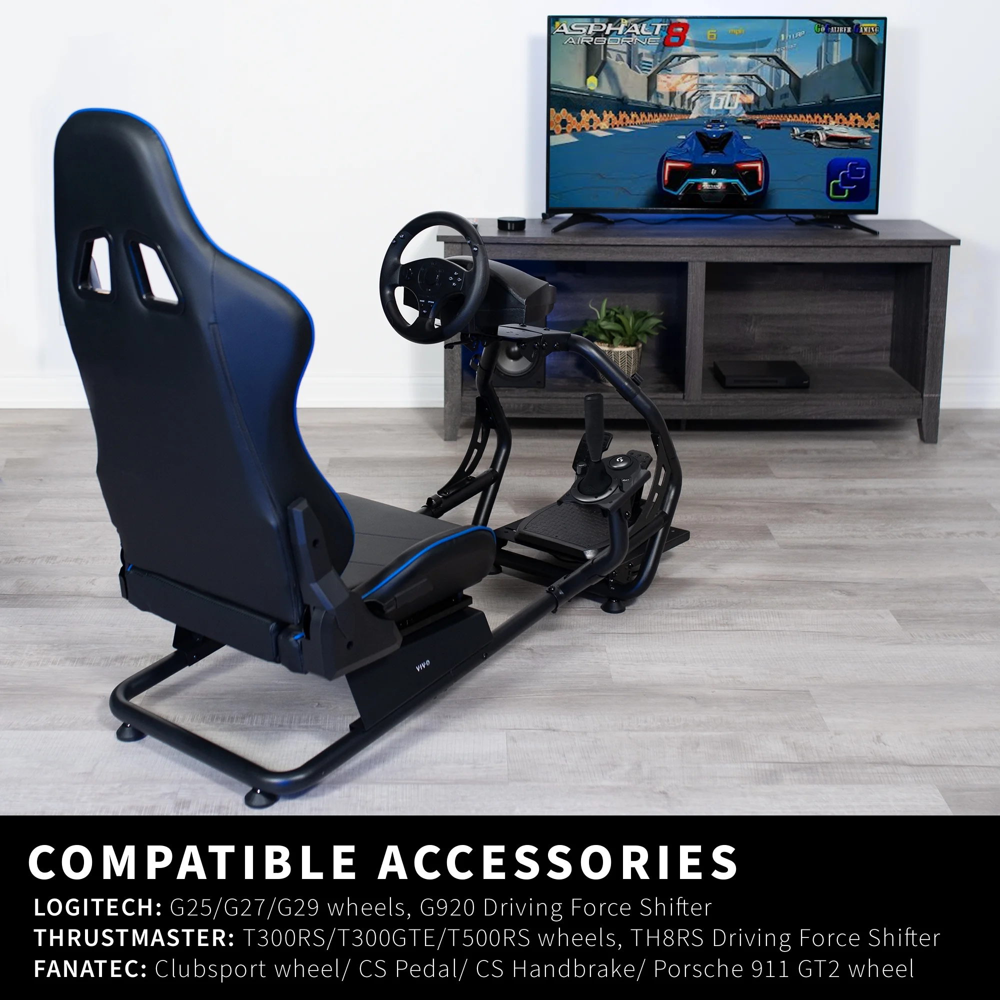 VIVO Black + Blue Racing Simulator Cockpit with Wheel Stand and Reclining Seat