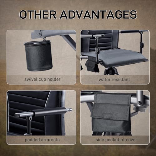 EVER ADVANCED 360° Silent Swivel Hunting Chair for Blinds, Adjustable Folding Hunting Seats for Outdoor Activities, Fishing, Support 300lbs, Black