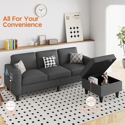 Convertible Sectional Sofa Couch, Beige 3 Seat L-Shaped Sectional Sofa with Storage Ottoman and Pockets, Modern Linen Fabric Upholstered Sofa Furniture Set for Living Room Small Space Bedroom