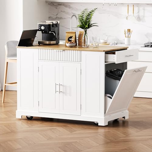 60" Kitchen Island with Drop Leaf and Power Outlet, Rolling Kitchen Cart on Wheels with Trash Can Storage Cabinet, Spice Rack, Towel Rack and Adjustable Shelf for Dining Room