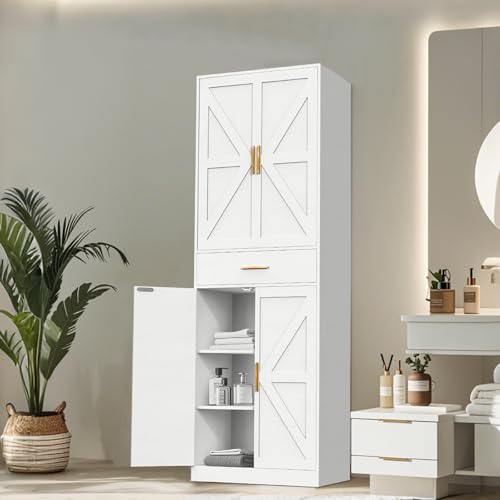 71" Tall Kitchen Pantry Storage Cabinet with 4 Doors & Drawer, Adjustable Shelves, Farmhouse Cupboard, Freestanding Cabinet with Door Shelves for Dining Room/Living Space, Black
