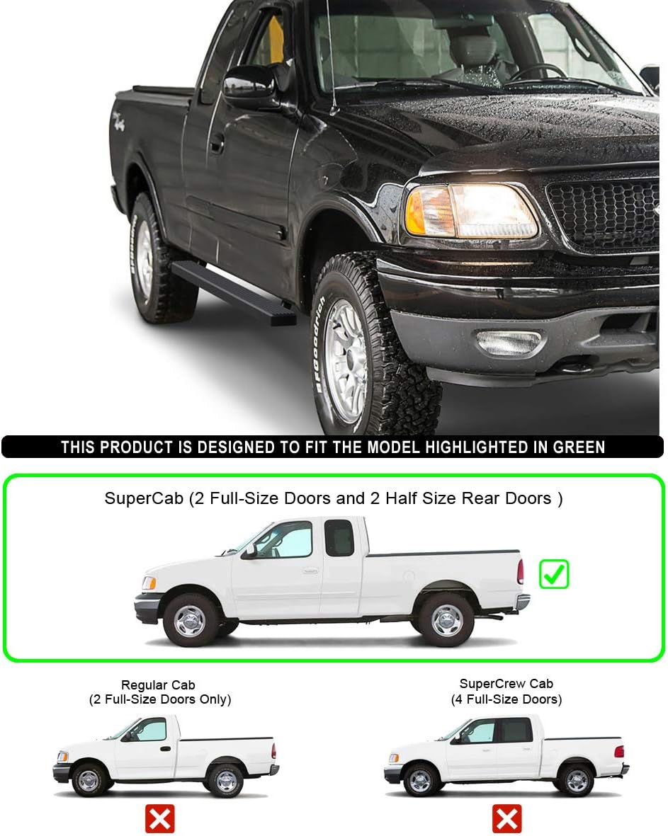 APS 4in Black iBoard Running Boards Compatible with Ford F150 F250 Light Duty Super Cab 99-03