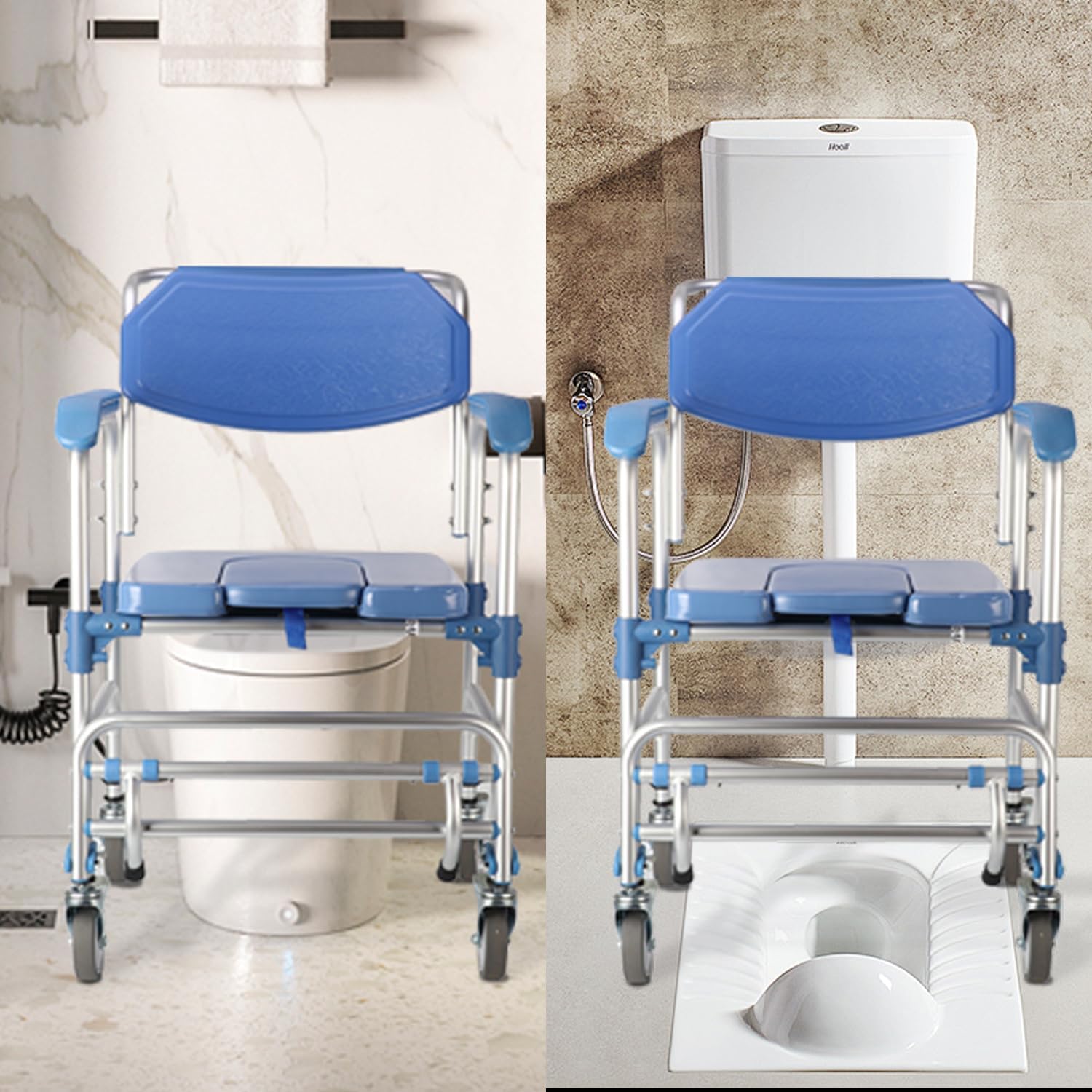 Shower Chair with Wheels 3 in 1 Commode Chair for Toilet with Arms Waterproof Rolling Transport Chair Bedside Commode for Seniors and Disabled, Weight Capacity 350lbs