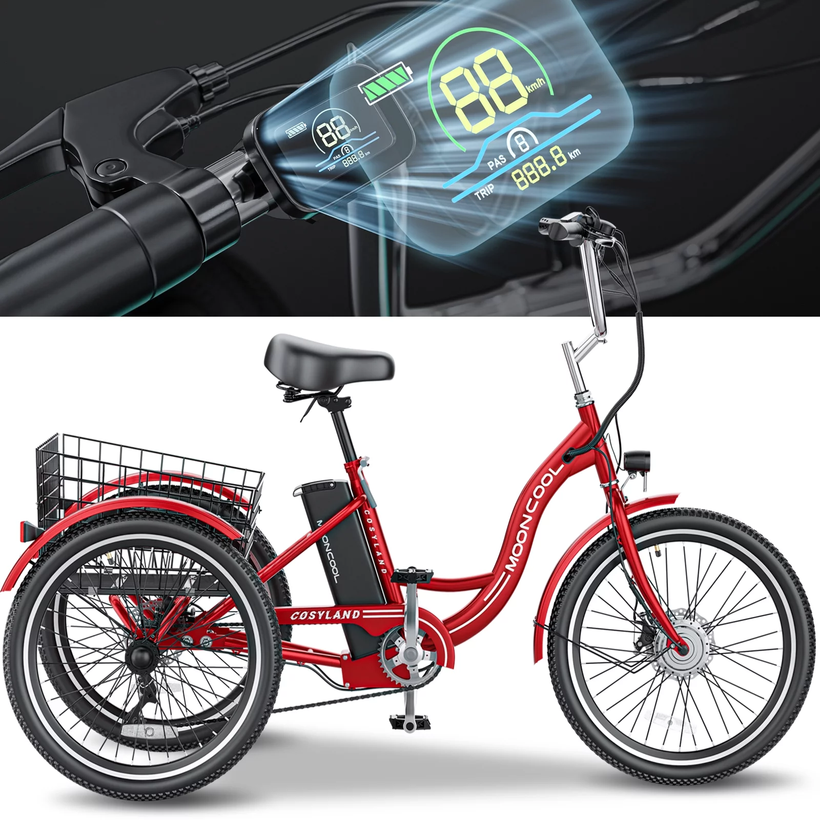 Ficisog 24" Adult Electric Tricycles, 350W 7-Speed Electric Tricycle with Removable Lithium Battery, Unisex 36V 14.5AH