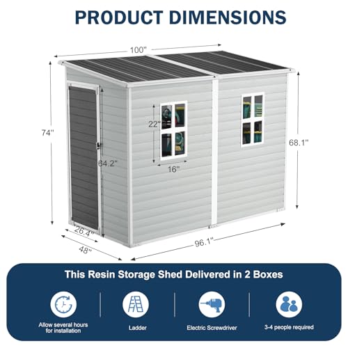 CDCASA 8x6 FT Resin Storage Shed, Waterproof Large Outdoor Sheds with Floor & Lockable Door & 2 Windows, Plastic Tool Shed for Outside, Backyard, Patio, Poolside, Bike, Dove Grey
