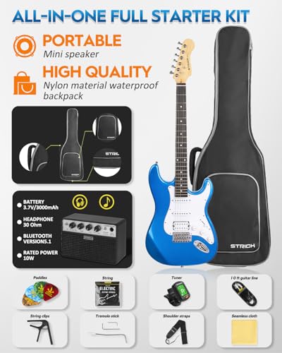 STRICH Electric Guitar Beginner Kit, Solid Body 39" Full Size Electric Guitar HSS Pick Up for Starter, with 10W Amp, Bag, Digital Tuner, Capo, Strap, String,Cable, Picks, SST-S20 Sunburst
