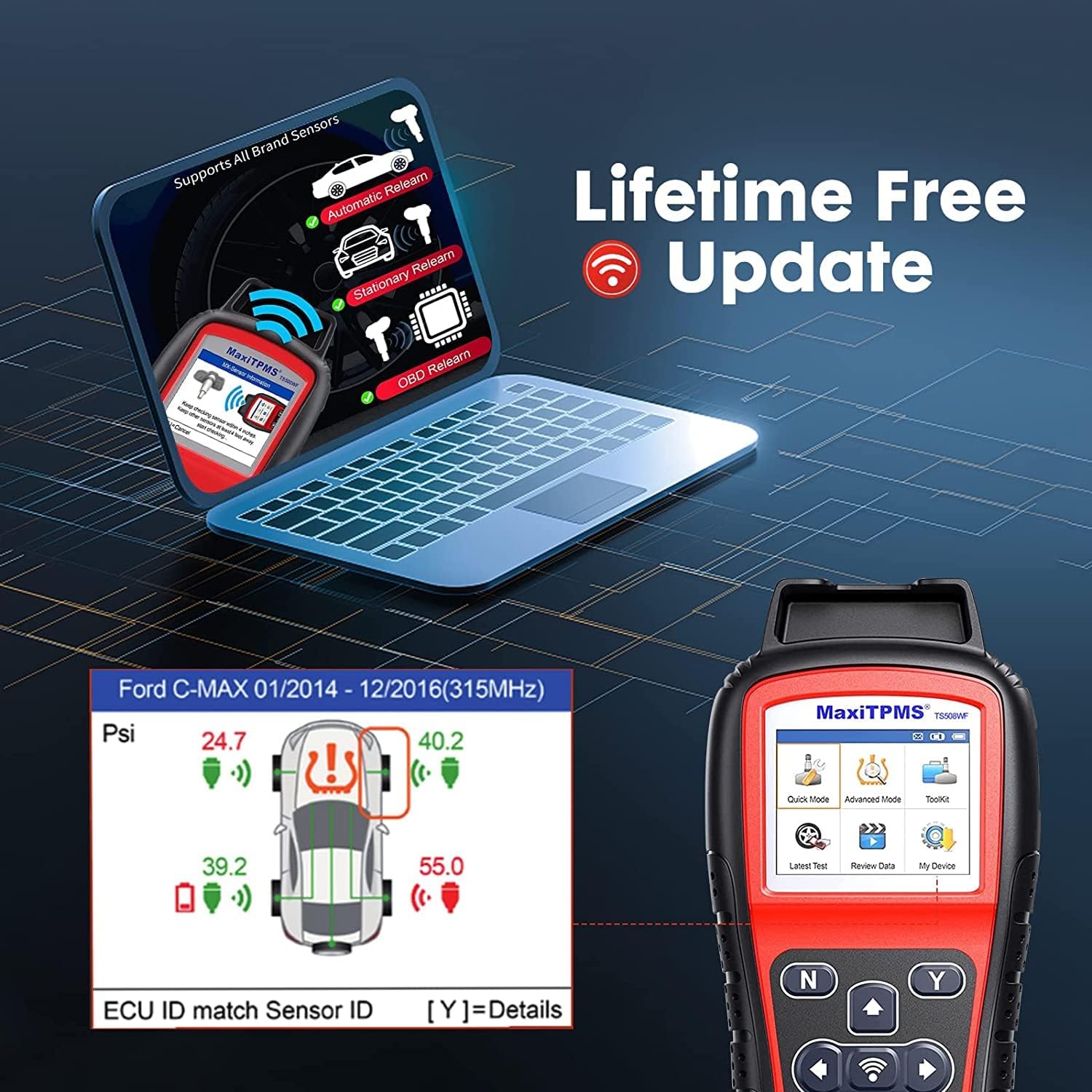 Autel MaxiTPMS TS508WF TPMS Relearn Tool, 2024 Enhanced TS508 Wi-Fi Version, Mx-Sensor TPMS Progamming Tool, One-Click TPMS Diagnose & Reset, Activate All Sensors, Live Data, Read/Clear TPMS DTCs