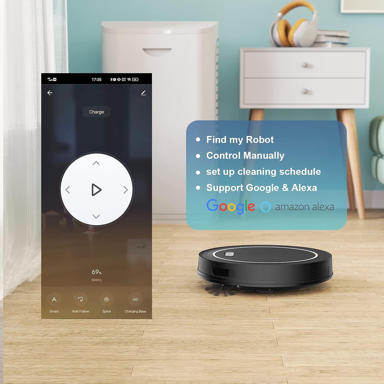 Robot Vacuum, 2000Pa Suction, Quiet, Slim, Self-Charging, 120min Runtime Robotic Vacuum Cleaner, Smart Vacuum Robot, APP & Remote Control Automatic Robot Vacuum for Pet Hair, Hard Floor, Low Carpet