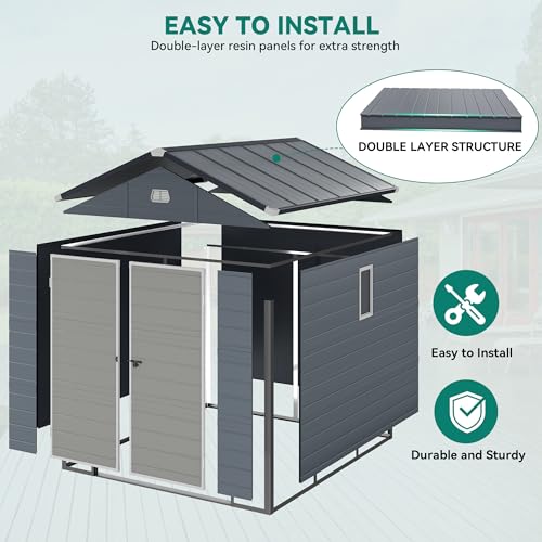 YITAHOME 8x6.2FT Outdoor Storage Shed w/o Floor, All-Weather Plastic Shed with Lockable Doors, Window & Vents, Plastic Tool Shed for Backyard, Patio, Poolside, Lawn, Gray