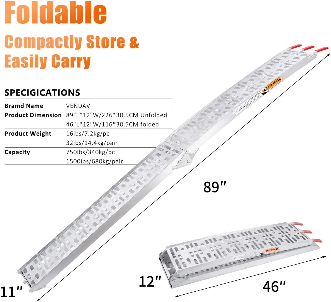 VENDAV ATV Ramps for Pickup Trucks 7.5 FT Aluminum Portable Ramps 1500 Lbs Capacity,2PC.