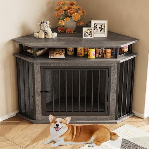IRONCK 51" Corner Wooden Dog Crate Furniture with 2-Tier Shelves, Pet Kennel for Large Dogs, Space-Saving Dog Cage Indoor, Rustic Brown (26.7" L x 51.2" W x 33.5" H)