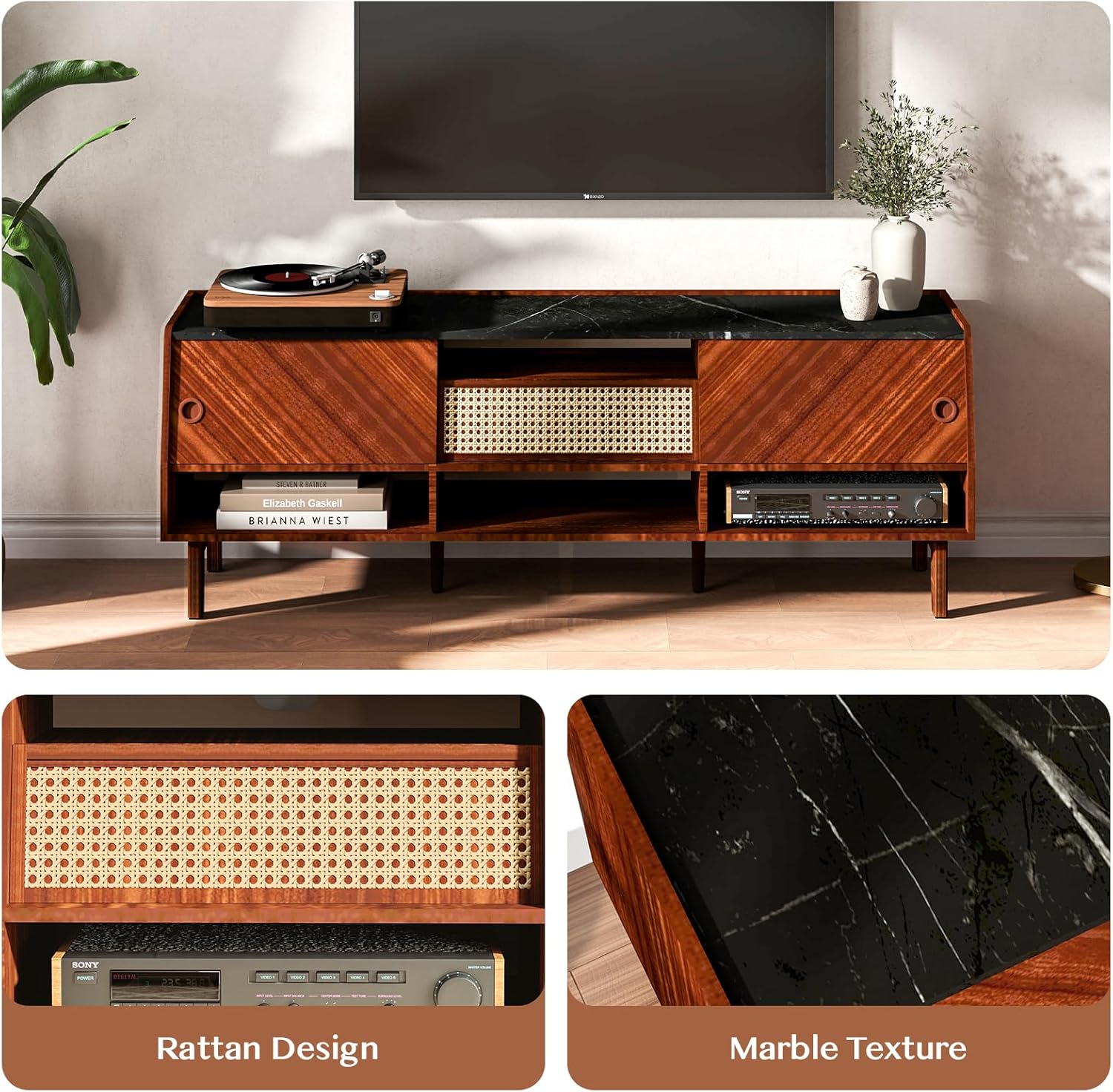 TV Stand for 75+ Inch TV, Mid Century Modern TV Stand with Rattan Drawer,Entertainment Center with Storage, Large Media TV Console, 67 inch Long Television Stand for Living Room,Walnut