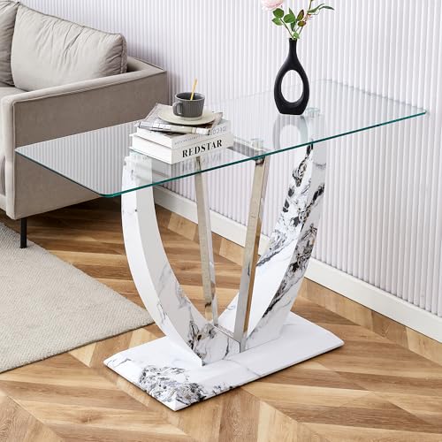 Glass Console Entryway Table, 50 inch Clear Glass Narrow Long Sofa Table, Modern Accent Table for Living Room, Entrance Table with Wood Grain U-shape Base and Metal Frame