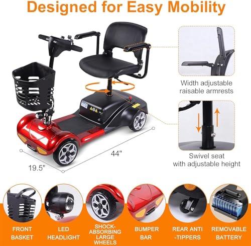 4 Wheel Folding Mobility Scooters for Seniors and Adults-265 lbs Max Weight, Electric Powered Mobility Scooters Wheelchair Device-Compact Heavy Duty Mobile for Travel, Elderly-Portable Design (red)
