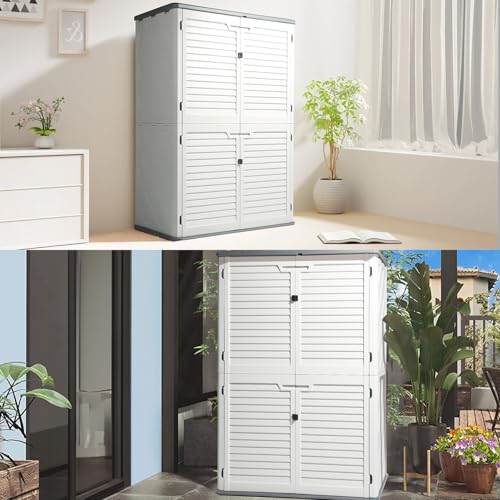VINGLI Outdoor Storage Shed, Resin Storage Cabinet with Lockable Design, Weatherproof Tool Shed with HDPE Material, Resin Deck Box for Garden Tools, Pool Equipment, Garbage Cans, White (59 Cu.ft)