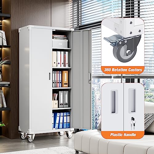 Aobabo Garage Storage Cabinet with Wheels,72" H Metal Storage Cabinet with 2 Doors and 4 Adjustable Shelves for Garage Home, Black,Required-Assembly
