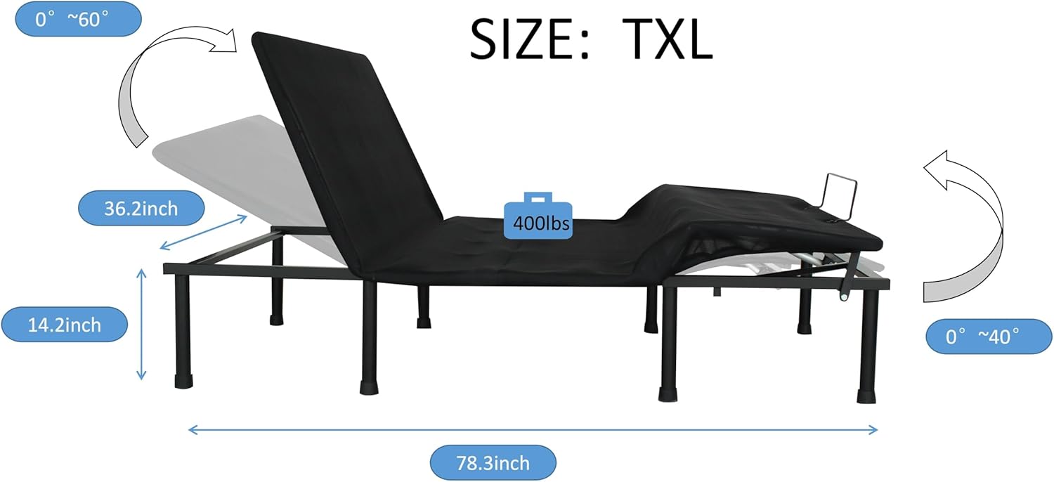 Twin XL Adjustable Bed Base, Durable Steel Electric Adjustable Bed for Bedroom Living Room, Three Fold-TXL-Motorized Head and Foot Incline, Quick and Easy Assembly, Antique Black