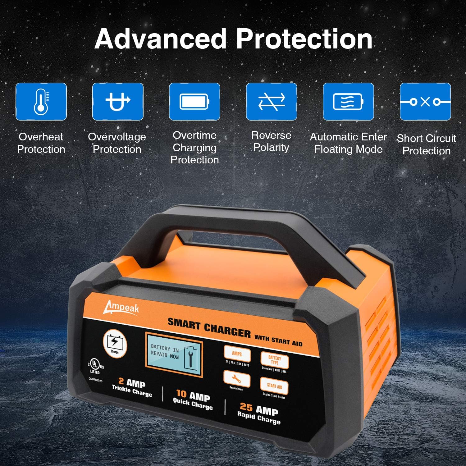 Ampeak 6V 12V Smart Car Battery Charger and Maintainer 2A 8A Fully Automatic with Cable Clamps