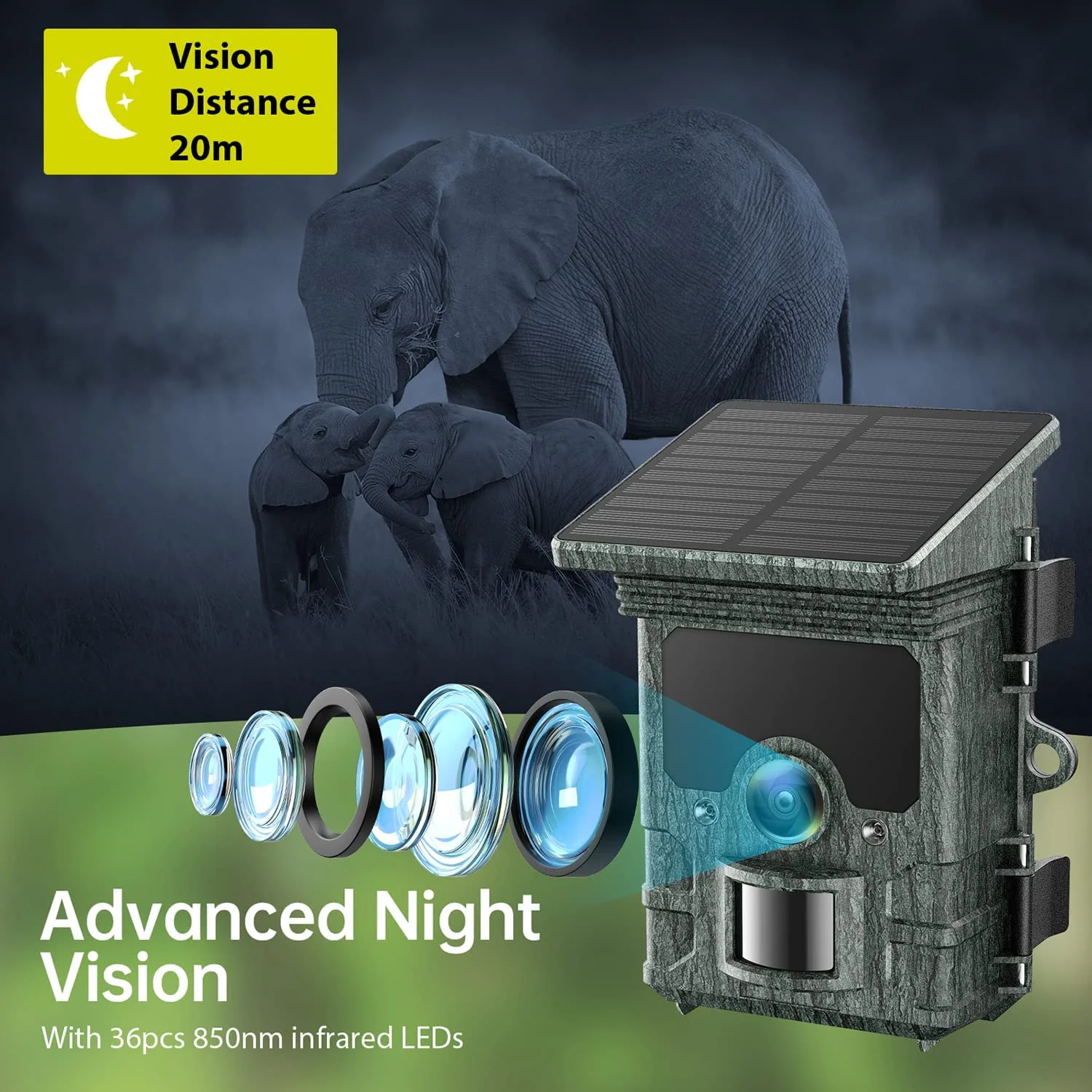 CAMPARK Solar WiFi Trail Camera Native 4K 30fps 46MP Bluetooth Game Camera with Night Vision Loop Recording Waterproof IP66 120° Motion Activated Hunting Trail Cam for Wildlife Monitoring