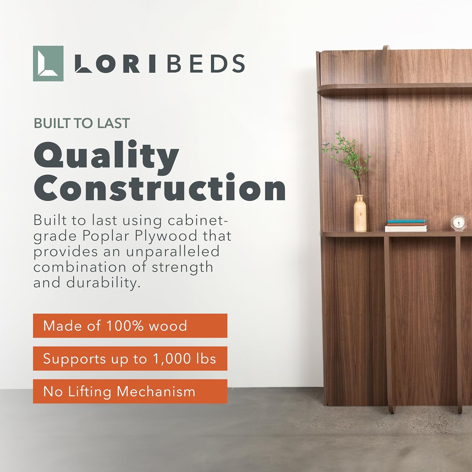 Lori Beds Twin Size Murphy Bed, Vertical Hideaway Wall Bed, Manual Fold, Space Saving Furniture, Folding into Shelves for Multipurpose Guest Room, Home, Office, Twin, Walnut Finish