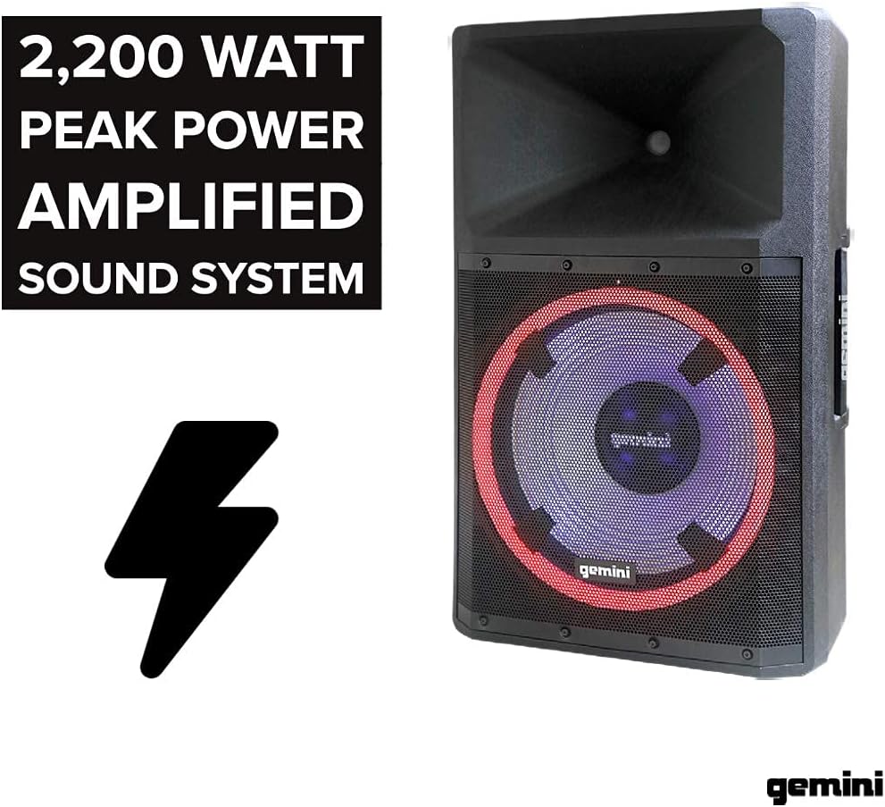 Gemini Sound GSP-L2200PK Indoor Outdoor Ultra Powerful Bluetooth 2200W Watts Peak Speaker, 15 Inch Woofer, LED Party Lights, Built in Media Player, FM Radio, USB/SD Card/Microphone, Speaker Stand