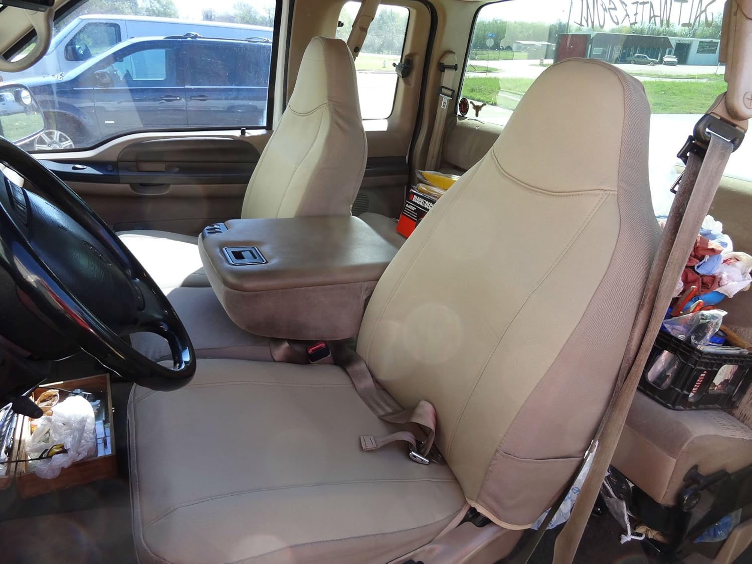 Durafit Seat Covers Made to fit 1999-2007 Ford F250-F550 Base Model Only, Front 40/20/40 Split Seat Covers with Pointed Molded Headrests/Opening Console,Coin Holder in The Middle,DS1 Camo Fabric