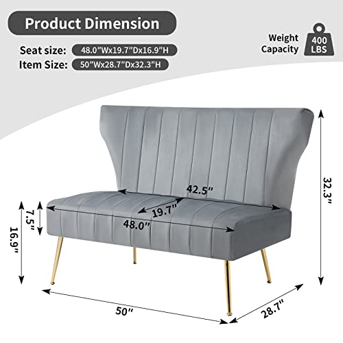 50’’ Velvet Modern Armless Loveseat Sofa, Upholstered Small Wingback Couch Sofa with Golden Metal Legs, 2 Seater Tufted Couch for Bedroom, Apartment Small Space(Black)