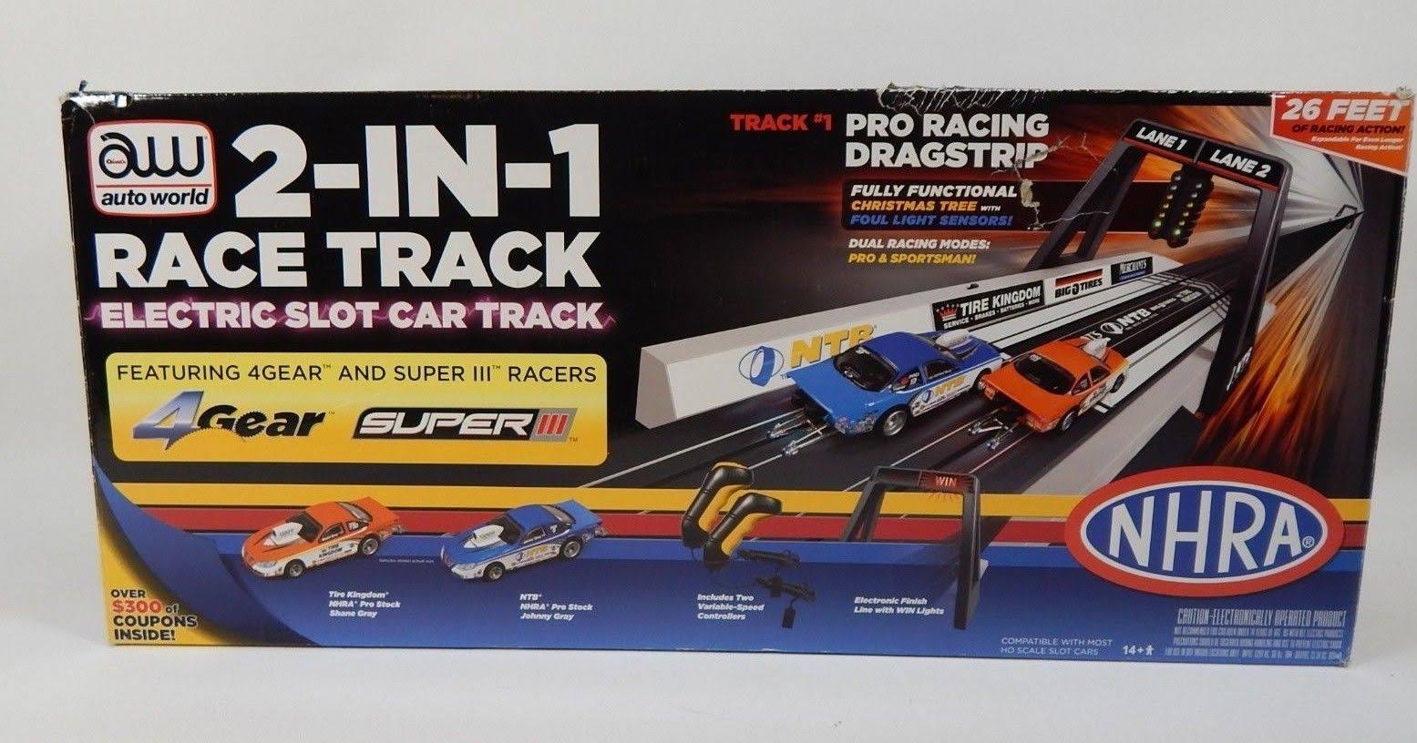 Auto World 2-in-1 Race Track Slot Car Set 4 Cars Double The Track Extras NHRA