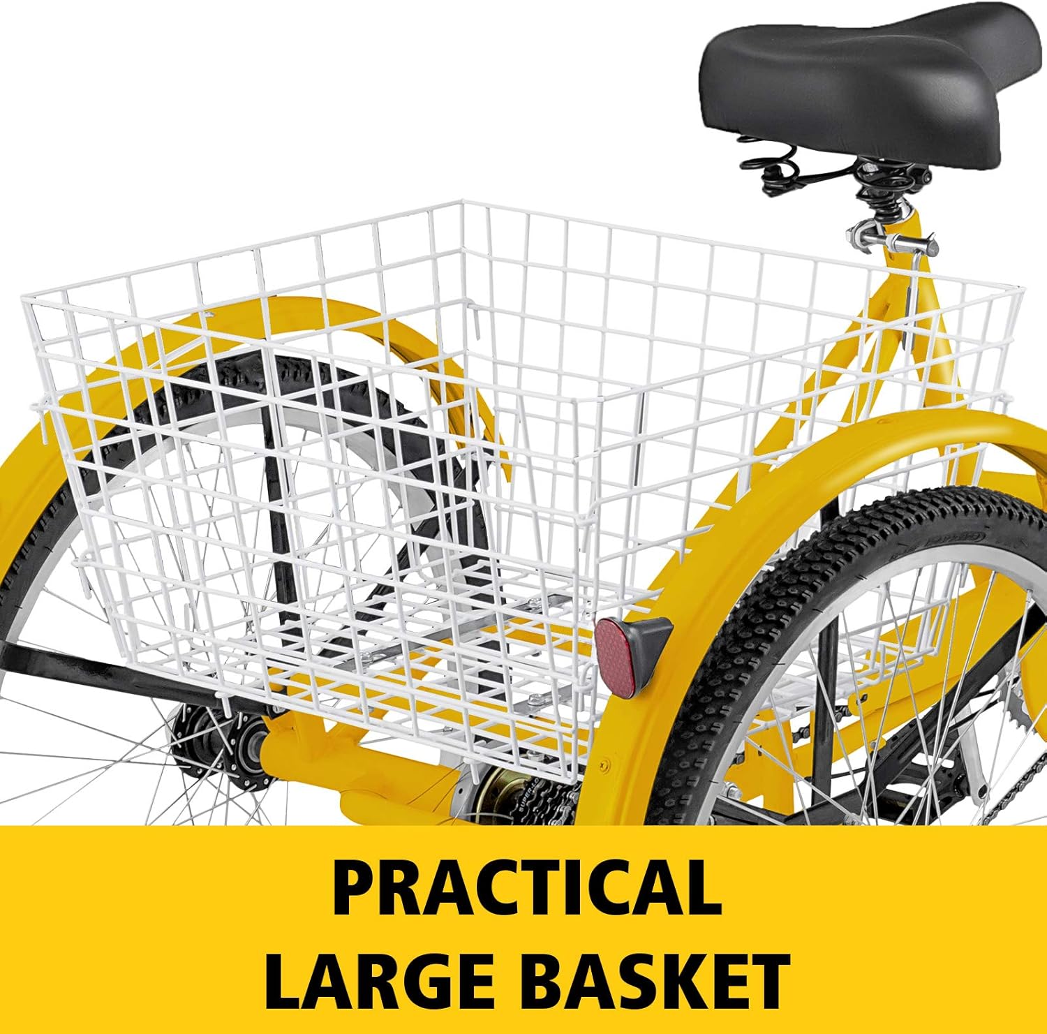 Happybuy Adult Tricycle 20 inch, Three Wheel Bikes 7 Speed, Yellow Tricycle with Bell Brake System, Bicycles with Cargo Basket for Shopping.(Yellow/7 Speed)
