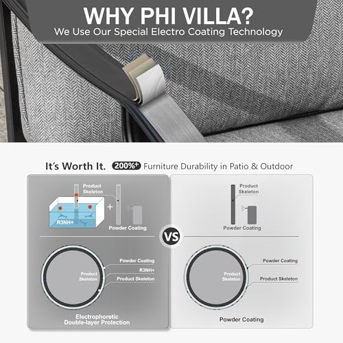 PHI VILLA 7 Pieces Outdoor Dining Set for 6, Rectangular Black Steel Dining Table with Fixed and Swivel Iron Chairs, Large Dining Furniture Set with Cushions for Patio, Deck, Porch, Backyard