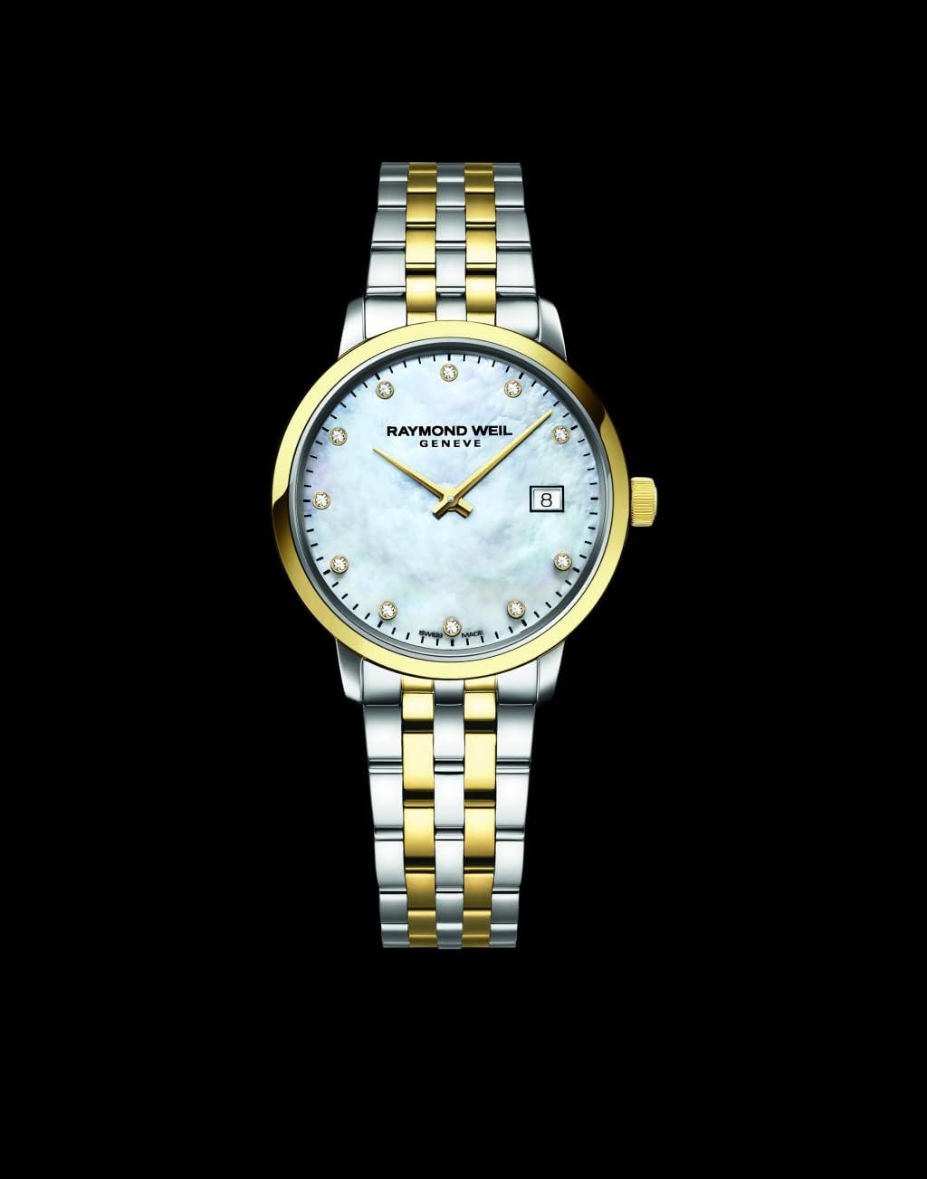 RAYMOND WEIL Toccata Ladies Watch, Quartz, Mother-of-Pearl Dial with 11 Diamonds, Stainless Steel, Two-Tone Stainless Steel with Yellow Gold PVD Plating, 29 mm (Model: 5985-STP-97081)