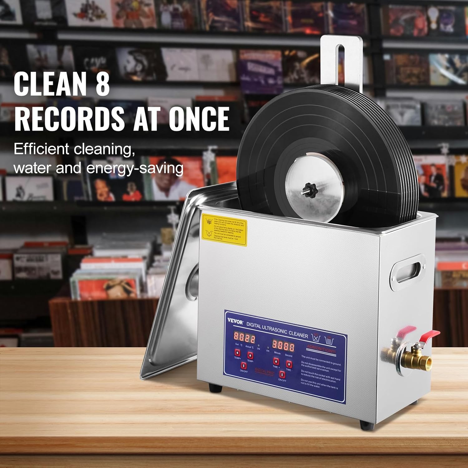 VEVOR Ultrasonic Cleaner, 6L Ultrasonic Vinyl Cleaner 7-12 Inch, 8 Records Ultrasonic Vinyl Cleaning Machine, 180W Ultrasonic Records Cleaner with Drying Rack for Home Store