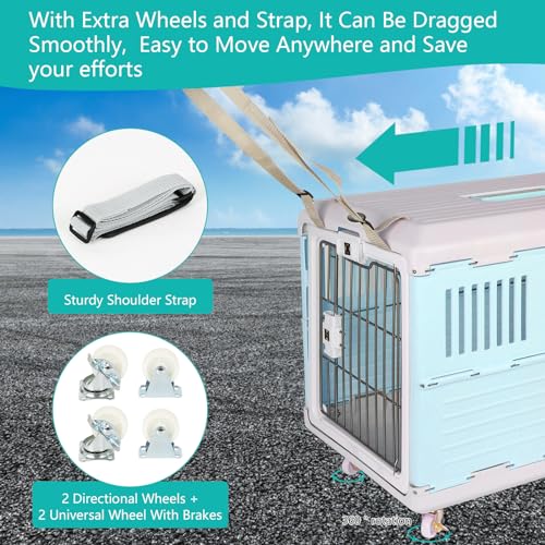 Collapsible Pet Carrier 27" with Wheels and Straps, Portable Kennel Travel Cage, Dog Crate 360-Degree Ventilation for Small and Medium Cats and Dogs(Pink)