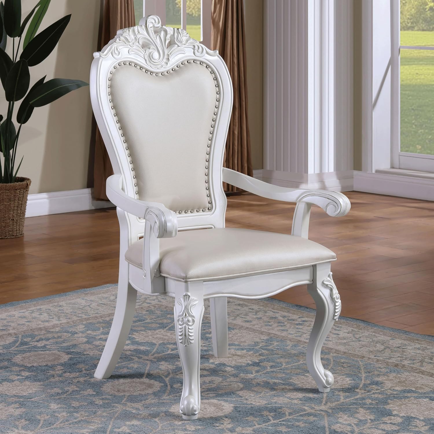 Furniture of America Adair Traditional Solid Wood 7-Piece Dining Set with Double Pedestal Expandable Table and 6 Leather Padded Side Chairs for Home, Kitchen, Living Room, White