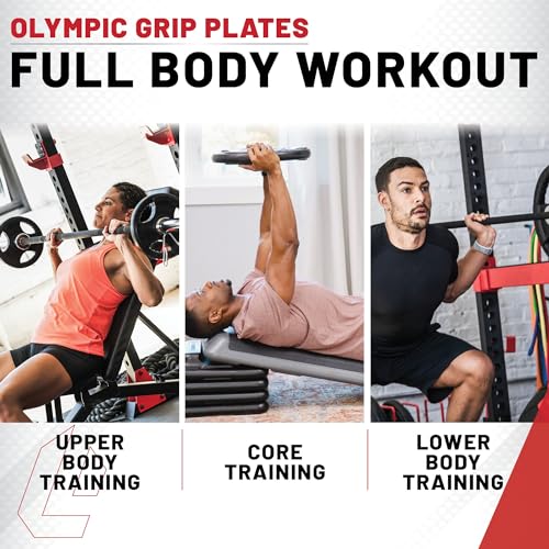 Olympic Weight Set With Bar - Commercial Grade, Rubber Coated Olympic Grip Weight Plates, Barbell, and Spring Clips - Perfect Home Gym Workout Set