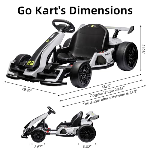 24V Electric Go Kart,300W Powerful Drift Kart for Kids, Electric Pedal Kart,with 300W Strong Motor, Drift/Sport Mode, Big Battery, Eva Tire,Length Adjustmen for Outdoor Racing Toy-White